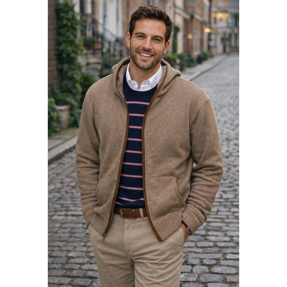 Liz & Co‎ Mens Full Zip Hoodie Sweater Sz L Tan Brown Cotton Luxury Sportswear